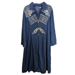 Vintage 90's Styleworks Chambray Denim Long Coat Lace Embroidered Patches